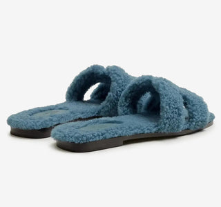 HERMES SHEARLING ORAN SANDALS ‘BLUE’